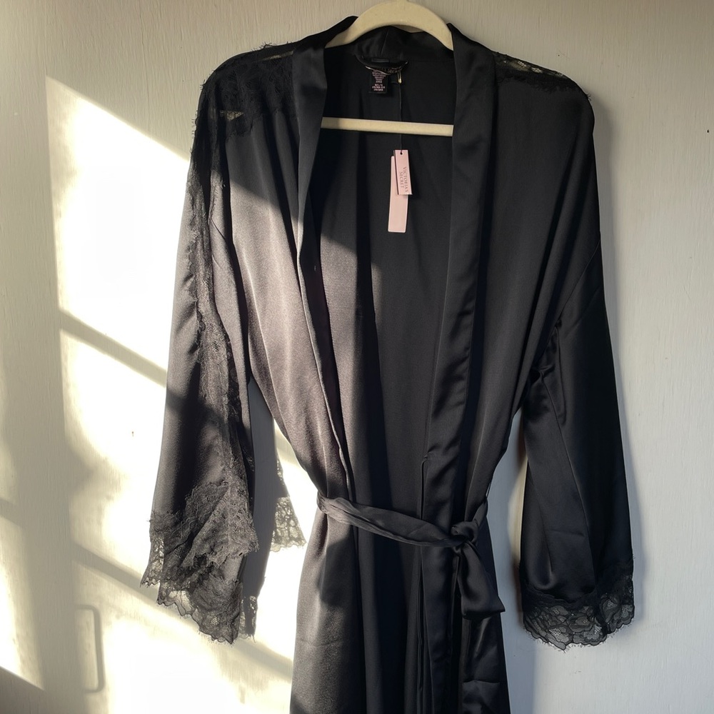 Victoria's Secret Satin Black Robe with Lace Accents
